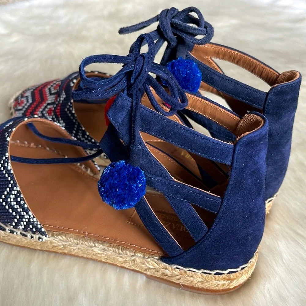 Aquazzura Firenze Belgravia Blue Suede Multicolored Textile Pom-Pom Espadrilles